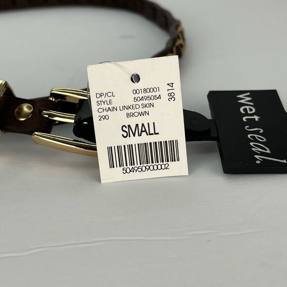 Wet Seal Skinny Brown Faux Leather Belt Gold Chain Detailing Size Small NEW - Picture 6 of 8